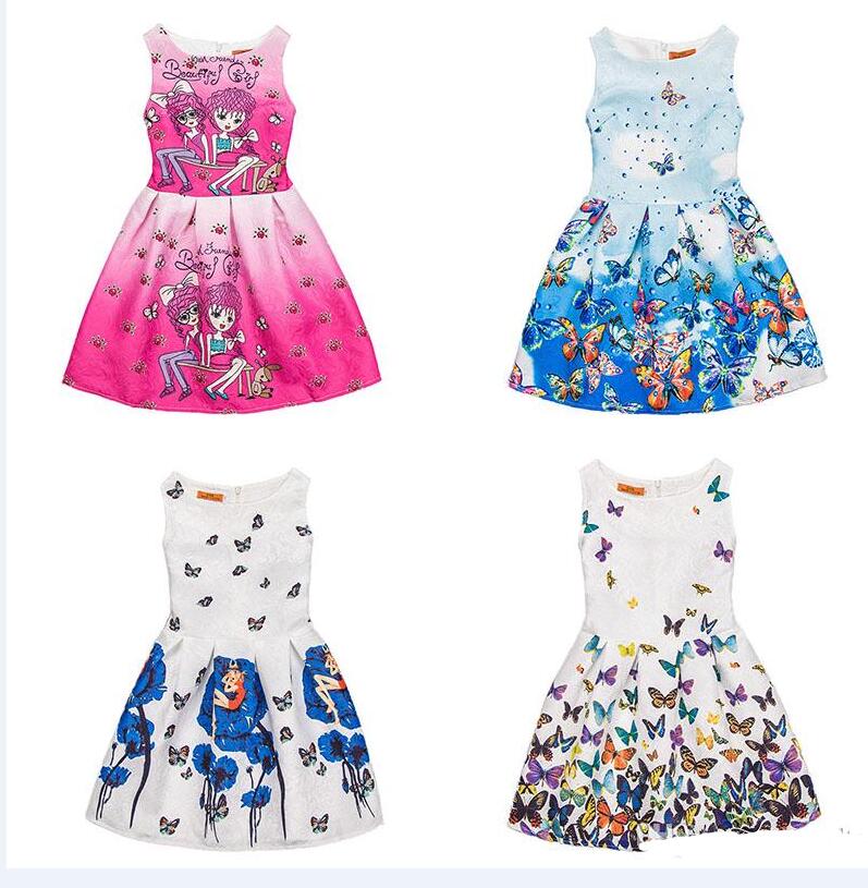 One-piece Flower Girl Dresses Sleeveless Rose Blue Print Kids Dresses Party Princess Dress Bobble Skirt for Girls